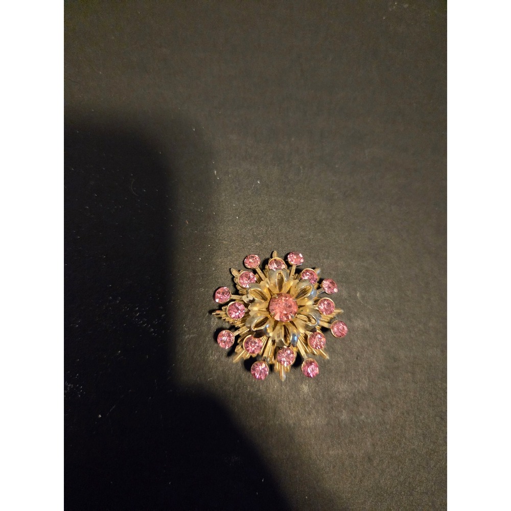 Vintage Gold Tone Pink Rhinestone Sunburst Brooch Starburst Floral Pin